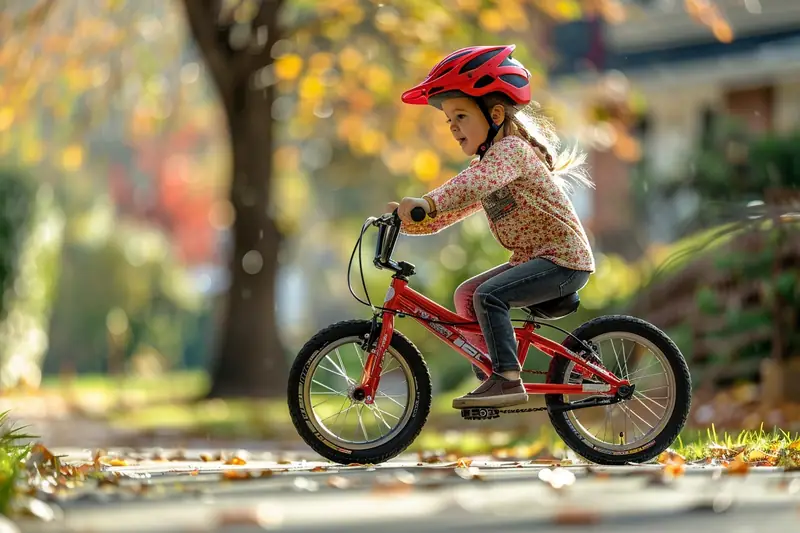 Enfant apprenant à rouler sur un vélo 16 pouces dans une allée calme avec un adulte à proximité