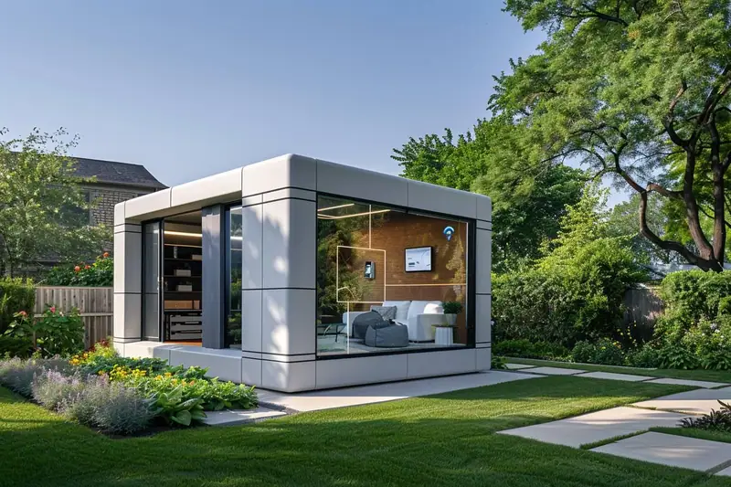 Abri de jardin en bois équipé de capteurs, éclairage et tableau électrique sécurisé