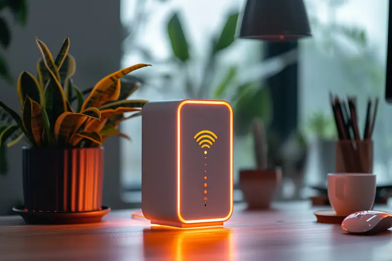 Répéteur Wi-Fi branché dans un couloir lumineux entre une box et un bureau à domicile