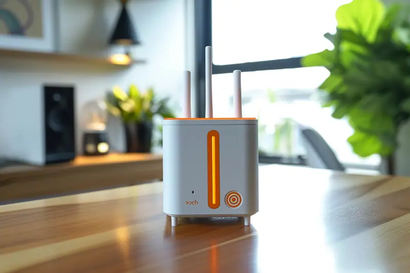 Répéteur Wi-Fi branché dans un couloir lumineux entre une box internet et une pièce éloignée