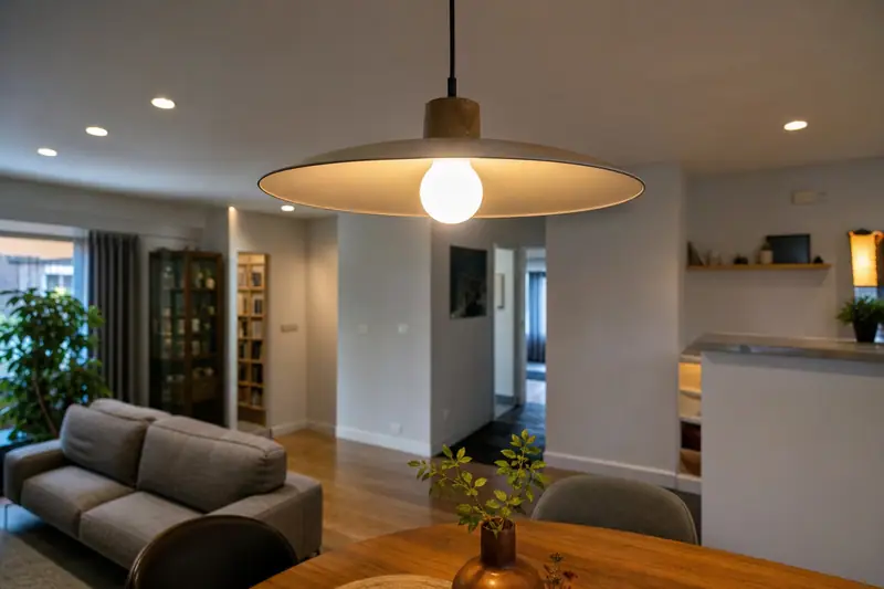 Ampoule LED allumée dans une suspension au plafond d’un salon