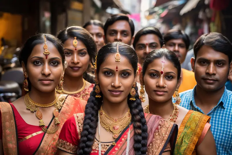 Jeunes adultes indiens de profils variés échangeant dans une rue animée de Bengaluru