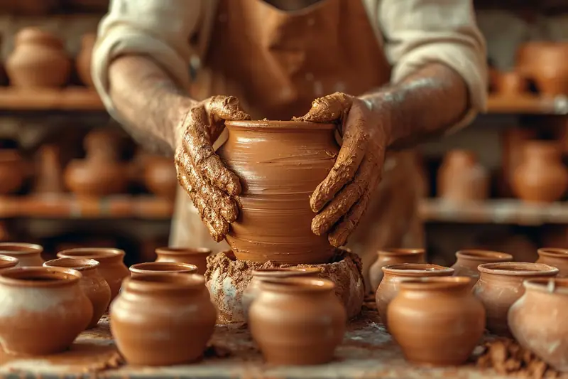 Mains façonnant un bol en argile sur une table de travail avec outils de poterie