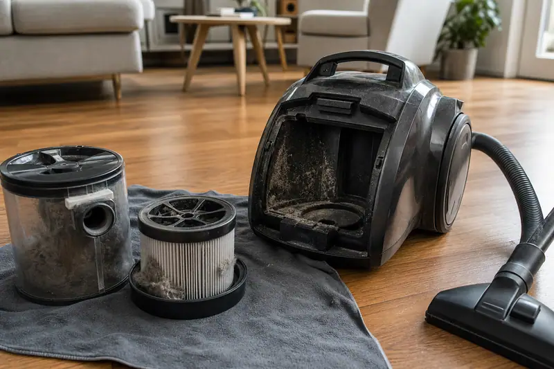 Aspirateur posé sur un sol de salon, filtre retiré posé à côté sur le tapis