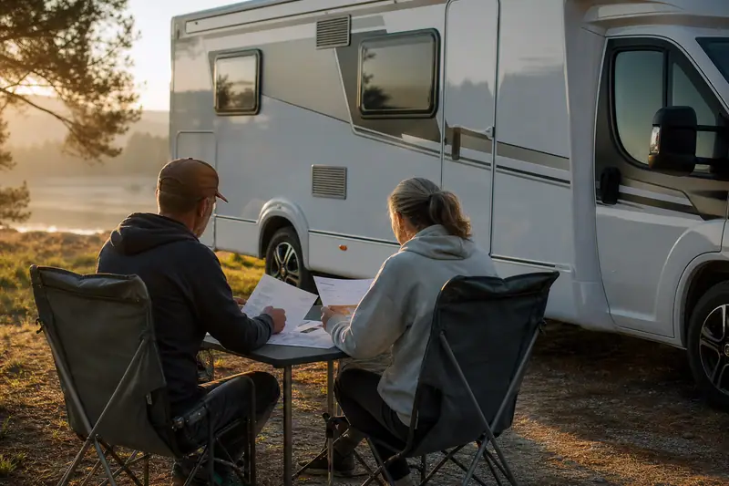 Camping-car stationné devant un paysage rural avec documents d’assurance et échéancier sur une table