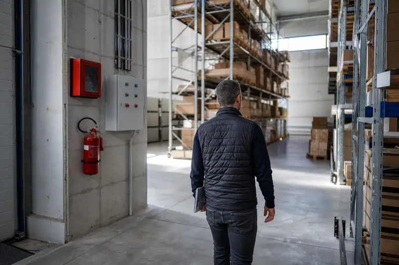 Chef d’entreprise inspectant un entrepôt avec rayonnages, extincteurs et matériel professionnel
