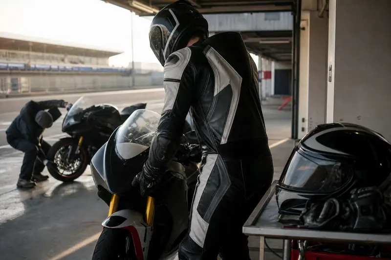 Pilote de moto équipé dans un paddock avant une course officielle sur circuit
