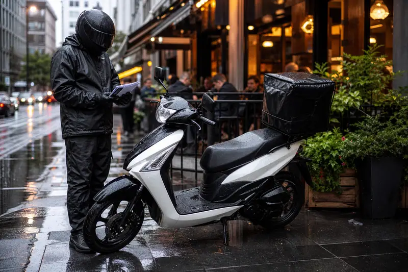 Livreur à scooter stationné devant un commerce avec caisson de livraison sécurisé