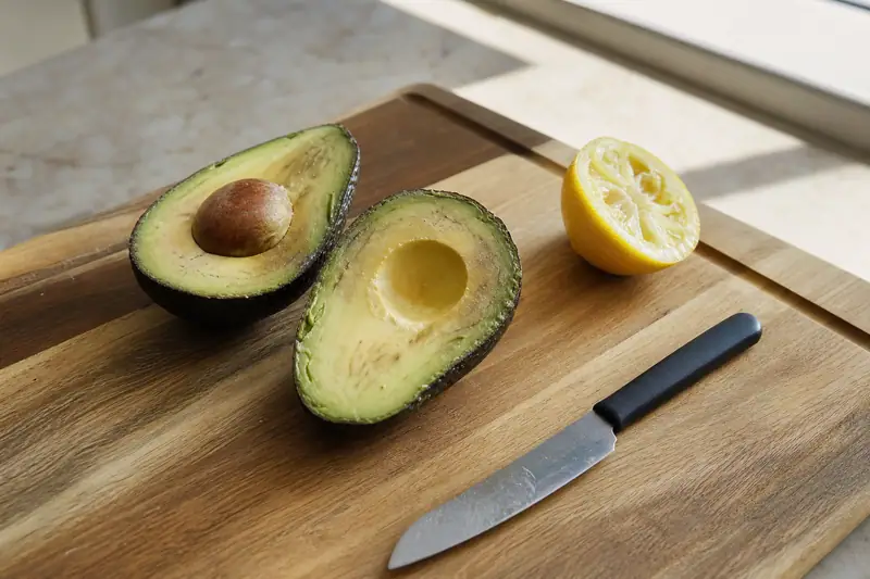 Avocat coupé en deux sur une planche en bois, une moitié badigeonnée de jus de citron, cuillère et demi-citron posés à côté