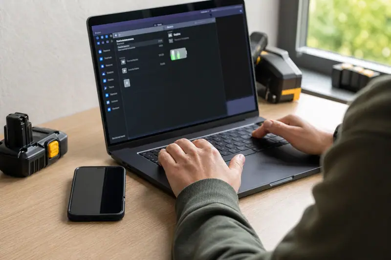 Main consultant l’état de santé d’une batterie sur l’écran d’un ordinateur portable