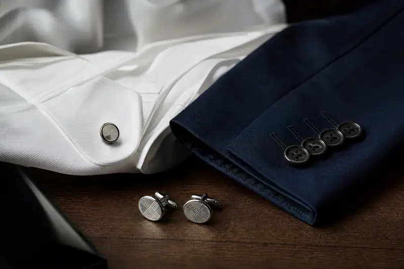 Boutons de manchette argentés gravés d’initiales posés sur une chemise blanche à poignets mousquetaires