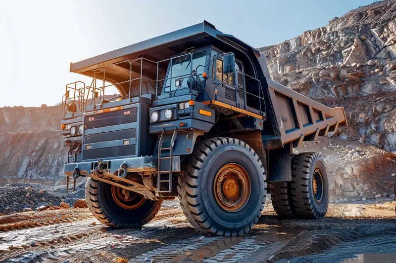 Camion benne à trois essieux chargé de gravier sur un chantier de terrassement