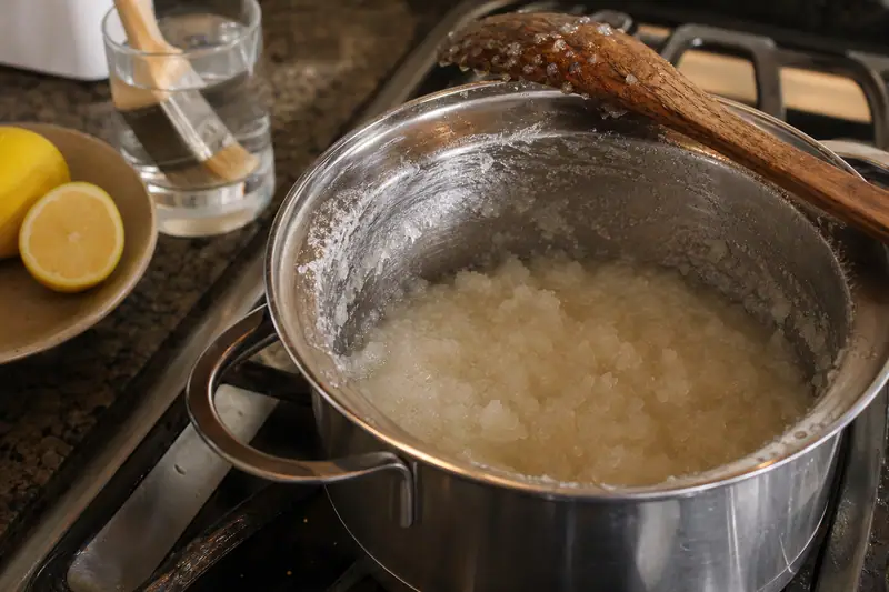 Casserole de sirop de sucre figé en masse blanche granuleuse sur une plaque de cuisson, spatule en bois posée dessus