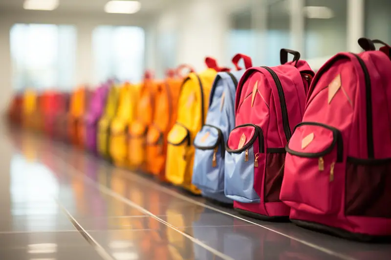 Enfant de maternelle essayant un petit cartable léger à bretelles réglables dans une entrée lumineuse