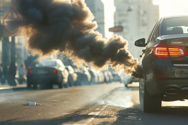 Mécanicien inspectant l’échappement d’une voiture diesel qui dégage une fumée noire