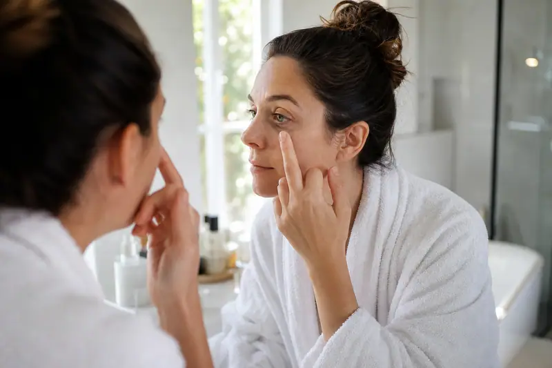 Femme se regardant dans un miroir de salle de bain le matin, lumière naturelle douce, contour des yeux marqué
