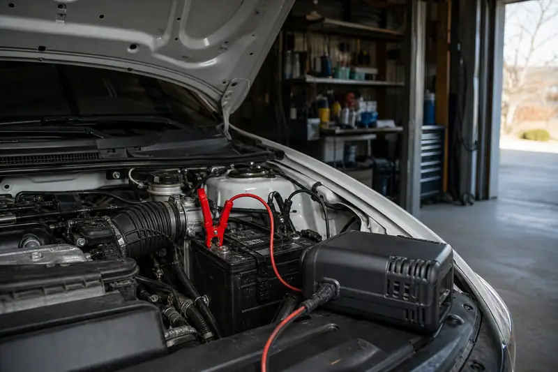 Chargeur automatique branché sur la batterie 12 V d’une voiture dans un garage ventilé