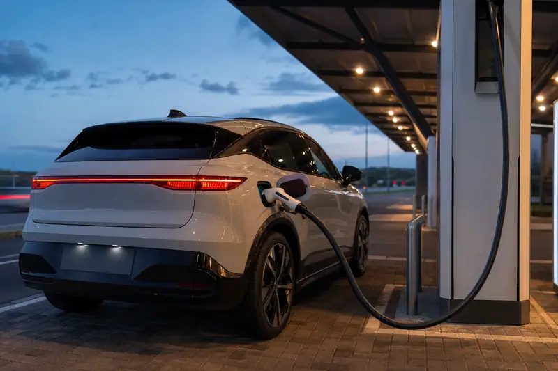 Voiture électrique branchée à une borne rapide sur une aire de repos au crépuscule