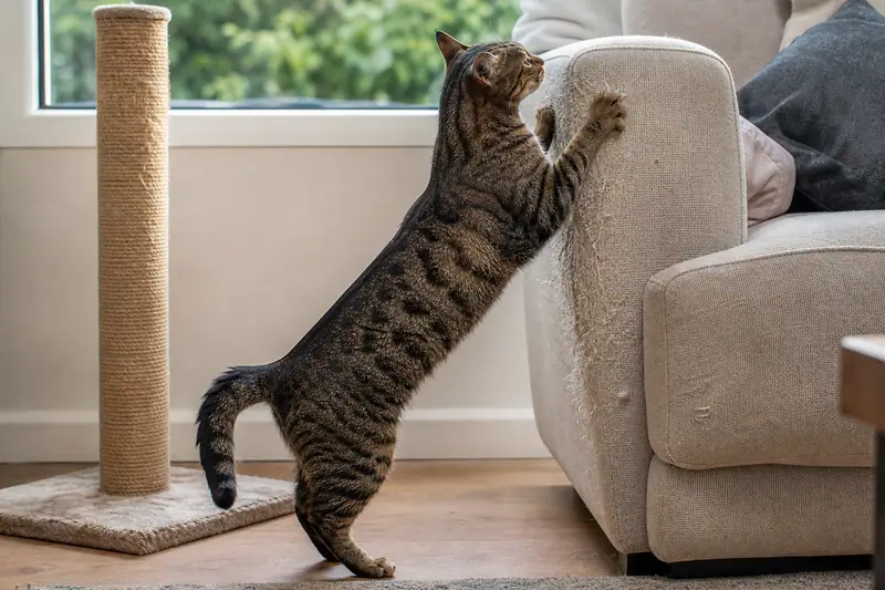 Chat tigré dressé contre l’angle d’un canapé en tissu beige, griffes plantées dans l’accoudoir usé, griffoir en sisal posé à côté