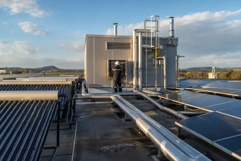 Technicien contrôlant un réseau de capteurs solaires raccordé à une chaufferie industrielle