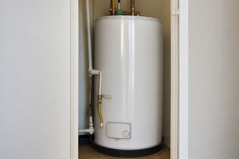 Chauffe-eau électrique blanc installé dans un cellier, tuyaux de raccordement visibles