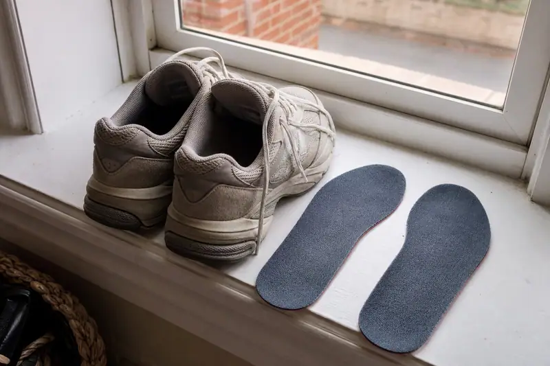 Paire de baskets posées sur un rebord de fenêtre pour aérer, semelles intérieures retirées à côté