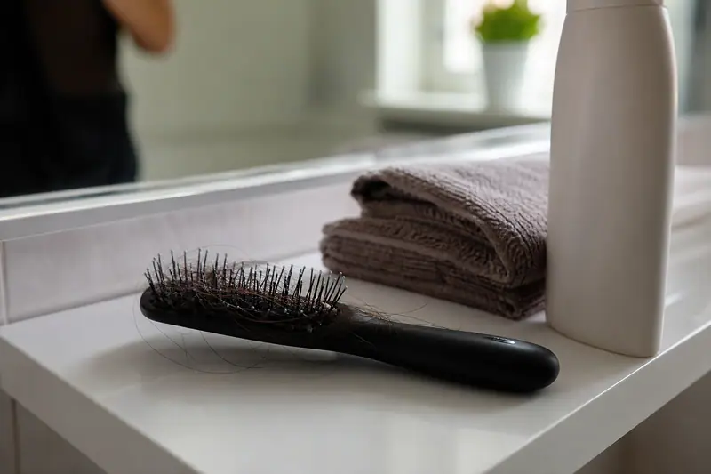 Brosse à cheveux posée sur une étagère de salle de bain à côté d’un flacon de shampooing et d’une serviette pliée