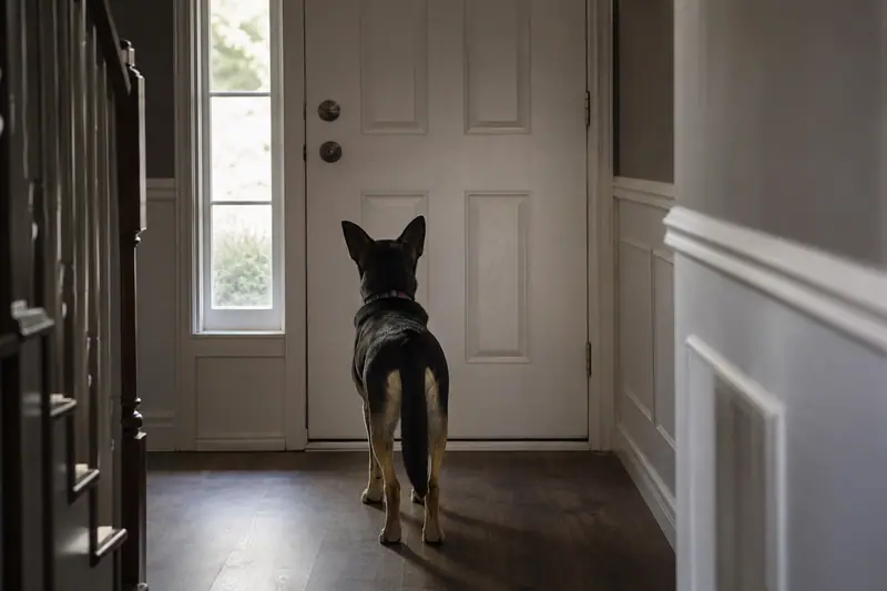 Chien debout devant une porte d’entrée fermée dans un couloir, oreilles dressées, attendant près de l’issue