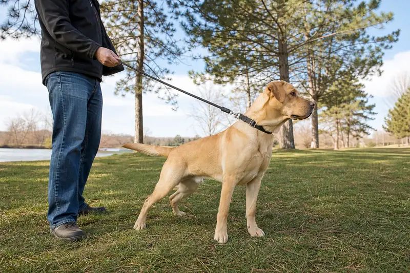 Chien en laisse tendue regardant fixement au loin lors d’une promenade dans un parc
