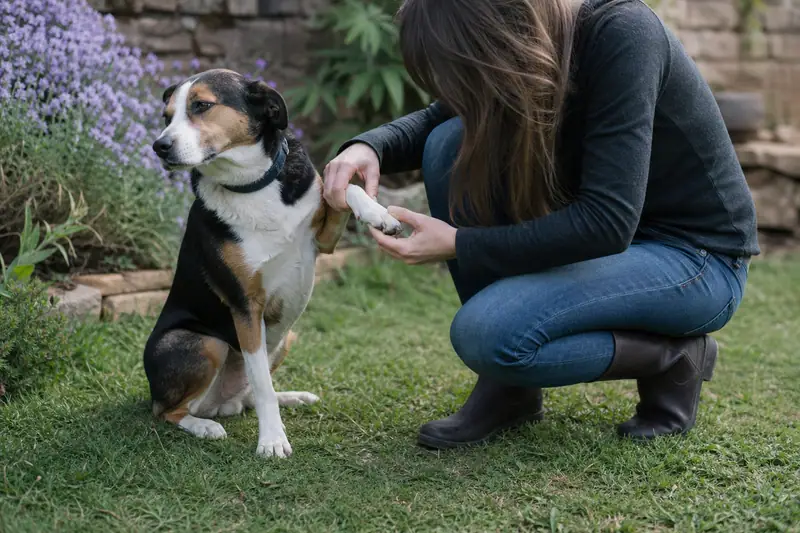Chien assis sur l’herbe levant une patte avant, propriétaire accroupi examinant la patte