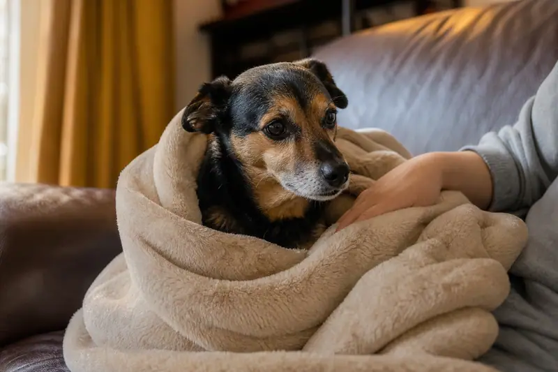 Petit chien enveloppé dans une couverture, tremblant légèrement, assis sur un canapé dans un salon lumineux