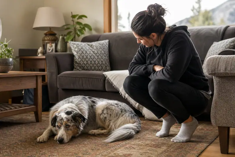 Chien couché sur un tapis dans un salon, propriétaire accroupi observant attentivement son animal