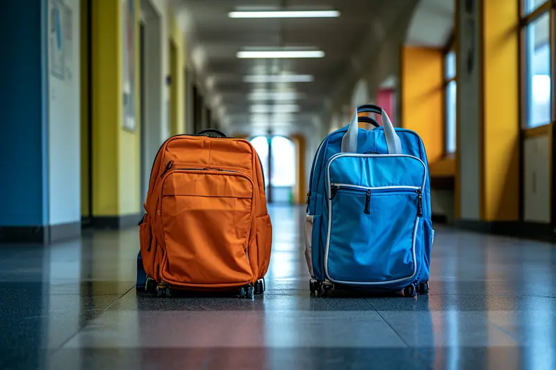 Écolier tirant un cartable à roulettes à côté d’un sac à dos scolaire sur un trottoir