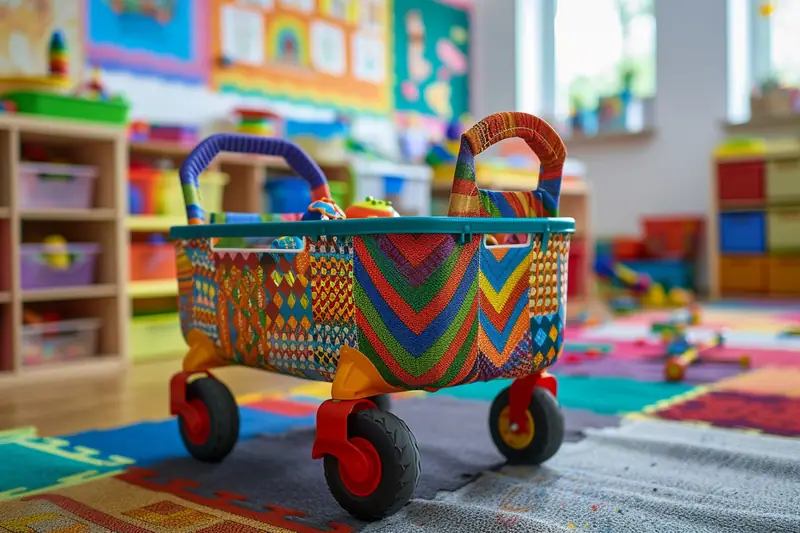 Enfant de maternelle tirant un petit cartable à roulettes sur le chemin de l'école