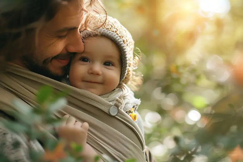 Parent ajustant un porte-bébé en tissu avec un nourrisson contre sa poitrine