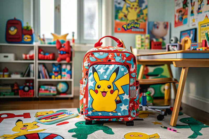 Enfant tirant un cartable scolaire à roulettes décoré de créatures colorées sur un chemin d’école