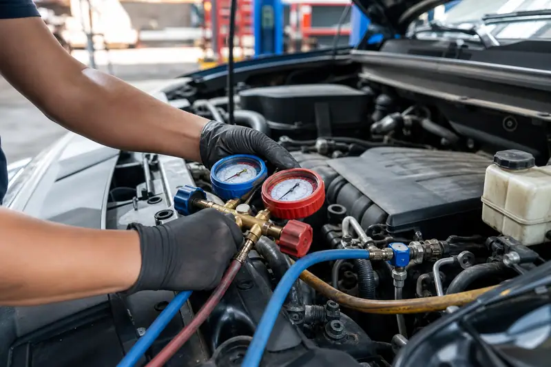 Mains gantées d’un mécanicien raccordant les manomètres de climatisation à durites rouge et bleue dans le compartiment moteur d’une voiture