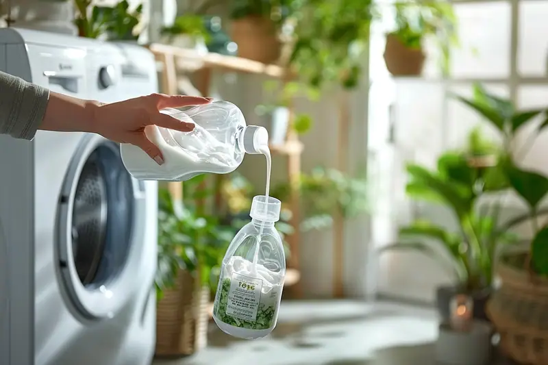 Lessive en poudre dans une cuillère doseuse près d’un lave-linge et de linge propre séchant