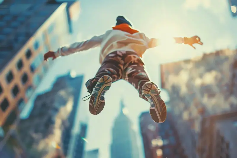 Pratiquant de parkour répétant une réception contrôlée sur un muret bas dans un espace urbain dégagé