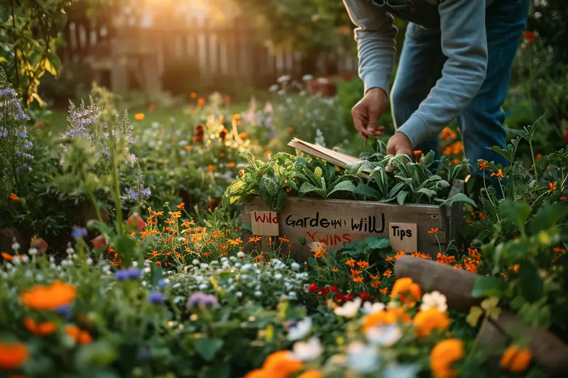 Petit jardin sauvage fleuri avec prairie locale, haie d’arbustes et point d’eau peu profond