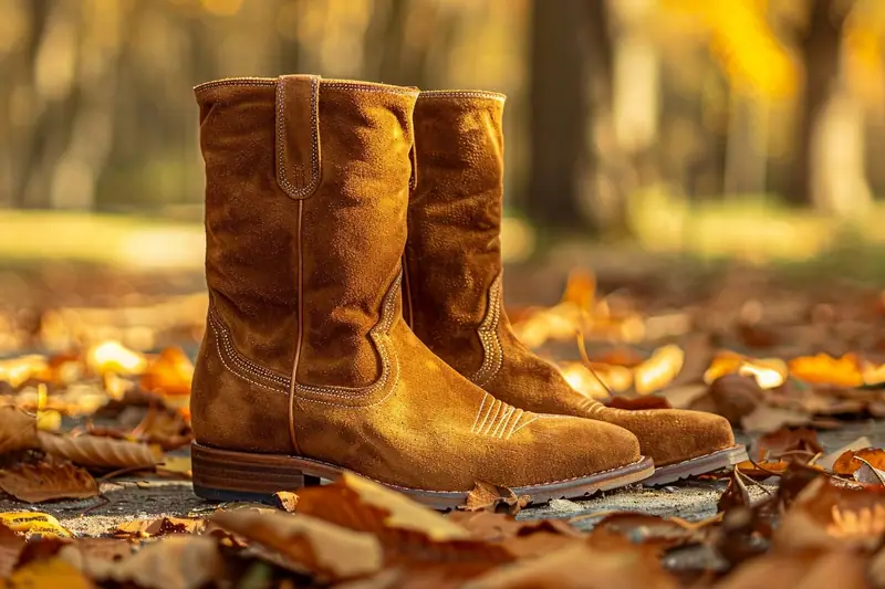 Bottines en daim marron portées avec un jean brut et un manteau beige en ville