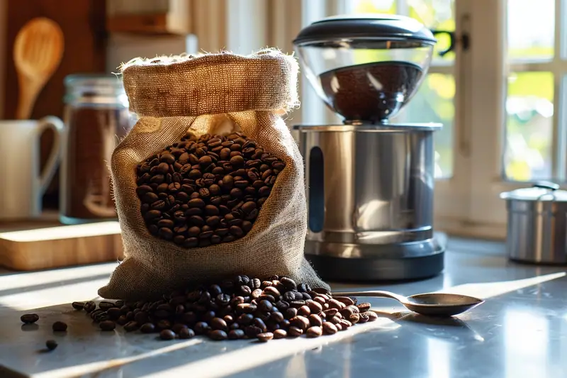 Grains de café dans un sachet à valve et une boîte opaque posés dans un placard de cuisine sec
