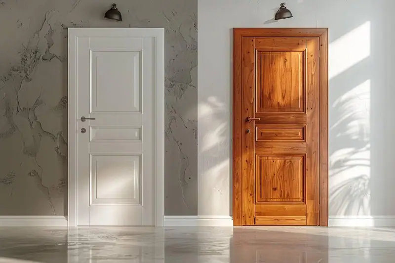 Porte d’entrée contemporaine en PVC et porte en bois sur deux façades de maison