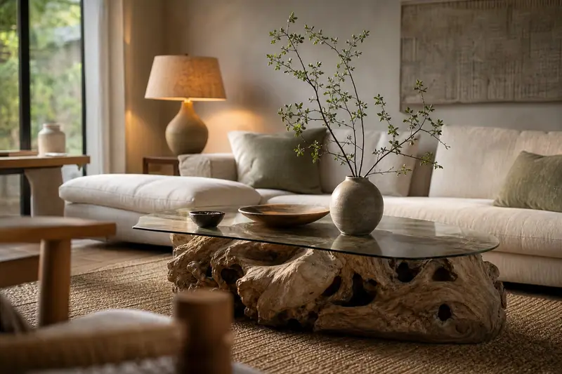 Table basse en bois flotté avec plateau en verre dans un salon naturel lumineux et épuré