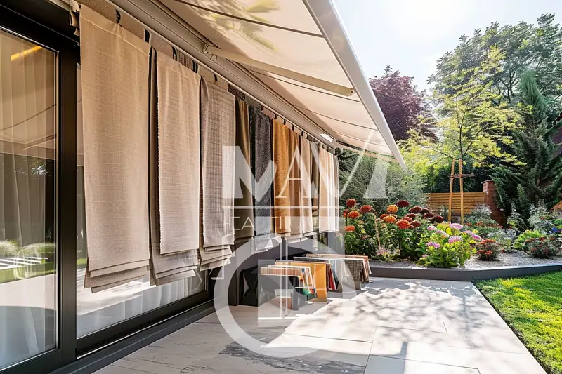 Store banne à toile gris taupe déployé au-dessus d’une terrasse lumineuse