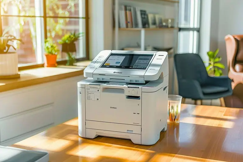 Imprimante Wi-Fi multifonction imprimant une photo et des documents sur un bureau familial lumineux