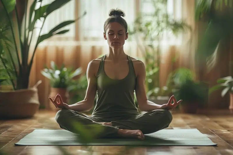 Professeure de yoga guidant un petit groupe avec briques et tapis dans une salle lumineuse