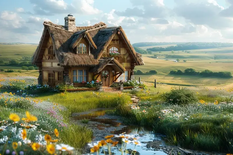 Petite maison en bois isolée dans une prairie avec toiture protégée et grandes ouvertures au sud