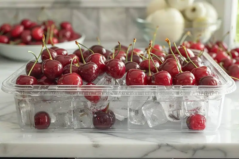 Cerises dénoyautées alignées sur une plaque avant leur congélation à plat