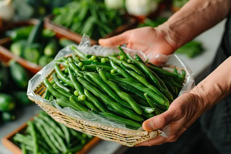 Haricots verts blanchis et séchés, répartis dans des sachets plats prêts à congeler